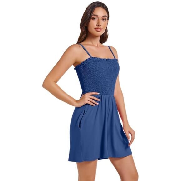 Women Casual Square Neck Rompers Jumpsuit Navy Blue - Picture 5 of 6